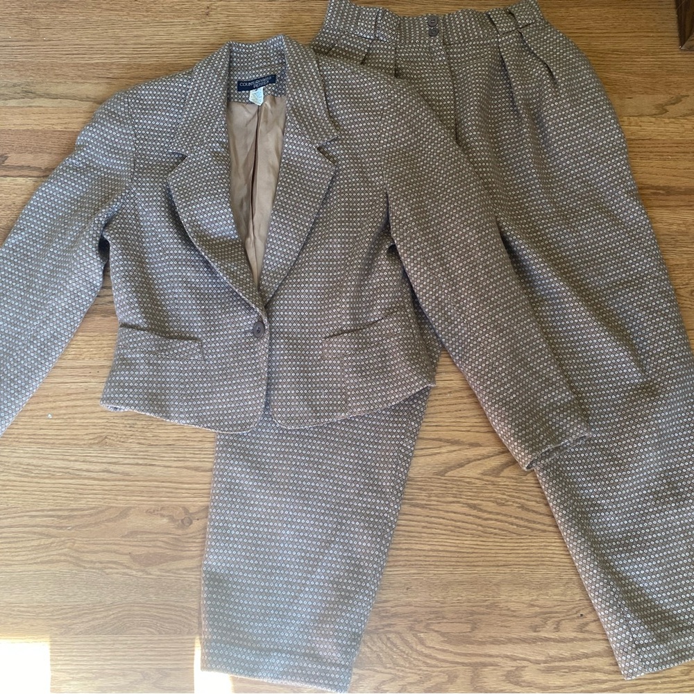 Vintage 1980’s style nipped waist mocha latte patterned wool blend pants suit
